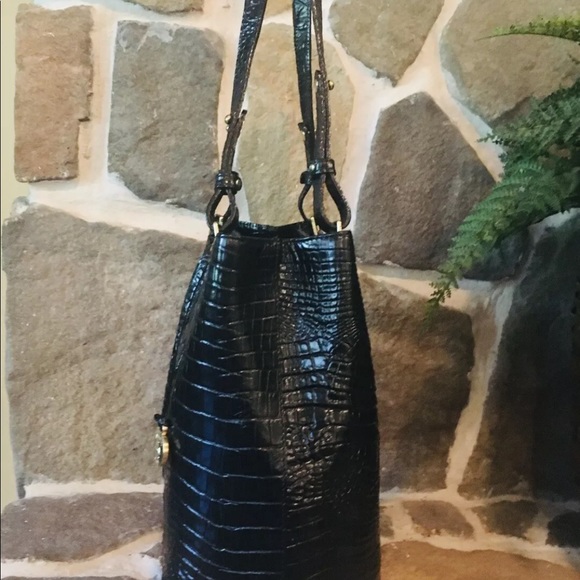 BRAHMIN LARGE CROC EMBOSSED LEATHER BUCKET BAG BLACK MELBOURNE - Picture 7 of 10